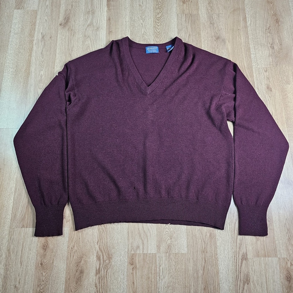 Pendleton Lambs Wool Sweater Men 2XL Burgundy Red V-Neck Pullover Grandpa